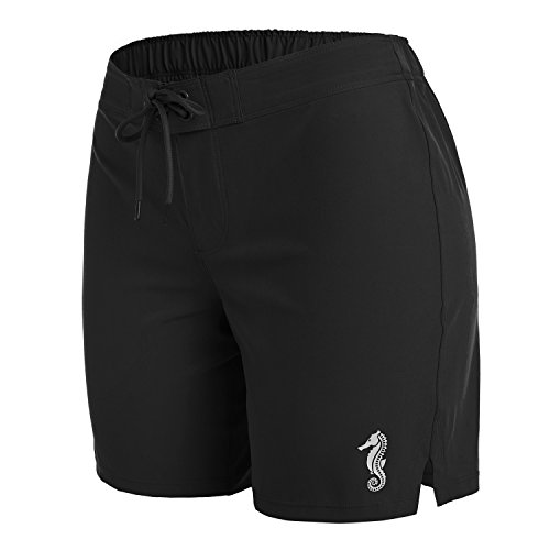 ALove Women Stretch Board Shorts Long Swim Shorts Trunks Boyleg Swim Bottom Medium Black