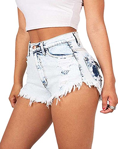 Metee Dresses Women's White High Waist Washed Ripped Destroyed Denim Shorts Jeans