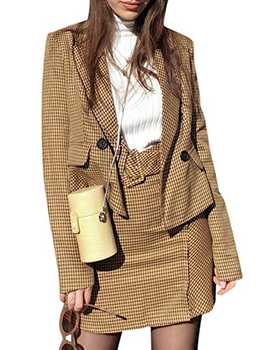 Sollinarry Women's 2 Piece Plaid Suits Set Double Breasted Blazer Jacket Mini Pencil Skirt