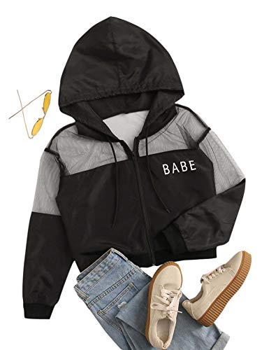 SweatyRocks Women's Lightweight Letter Print Zip Up Drawstring Hoodie Mesh Crop Top Jacket - Image 4