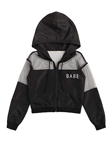 SweatyRocks Women's Lightweight Letter Print Zip Up Drawstring Hoodie Mesh Crop Top Jacket