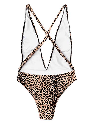 SweatyRocks Women's Sexy Bathing Suits Criss Cross Tie Knot Front Deep V Open Back Leopard One Piece Swimwear - Image 3