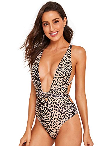 SweatyRocks Women's Sexy Bathing Suits Criss Cross Tie Knot Front Deep V Open Back Leopard One Piece Swimwear - Image 4