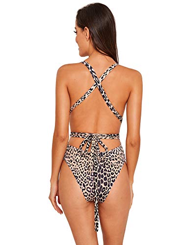 SweatyRocks Women's Sexy Bathing Suits Criss Cross Tie Knot Front Deep V Open Back Leopard One Piece Swimwear - Image 5