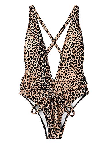 SweatyRocks Women's Sexy Bathing Suits Criss Cross Tie Knot Front Deep V Open Back Leopard One Piece Swimwear