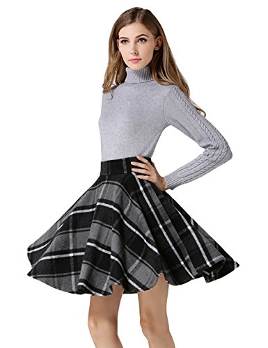 Tanming Women's Casual High Waisted Wool Check Print Plaid Tartan A-Line Skirt