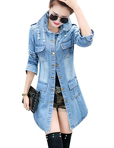 Tanming Women's Casual Distressed Denim Jacket Long Sleeve Ripped Jean Jacket Coat