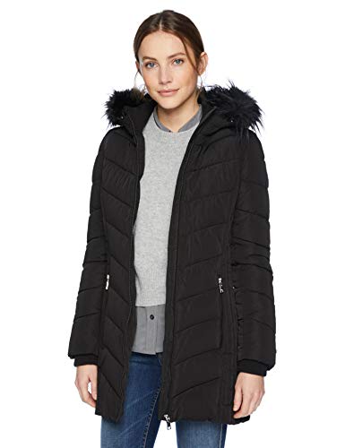 Tommy Hilfiger Women's Mid Length Down Fill Coat with Faux Fur Trim Hood