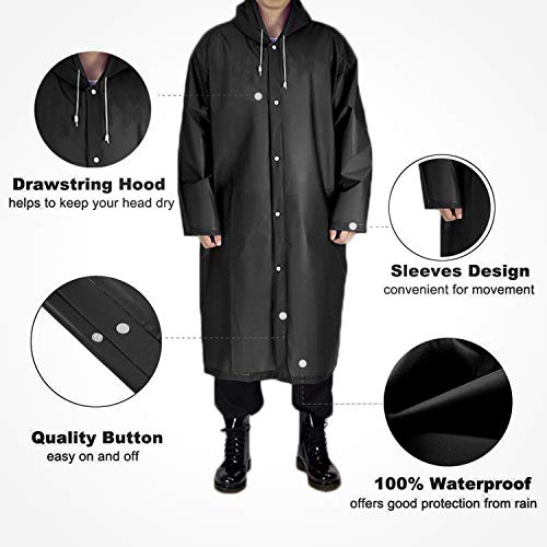 UNPAD Rain Poncho for Adults Men Women Waterproof Reusable Black Clear Raincoat - Image 3