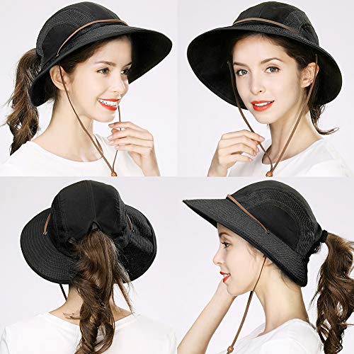 Ponytail Fishing Bucket Sun Hat for Women UV Protection Packable Foldable Wide Brim SPF Hunting Ladies Safari Black M - Image 4