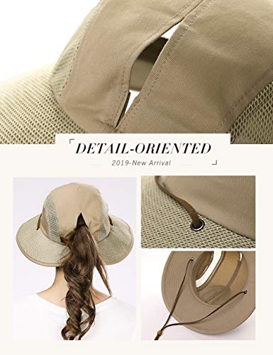 Ponytail Fishing Bucket Sun Hat for Women UV Protection Packable Foldable Wide Brim SPF Hunting Ladies Safari Black M - Image 6