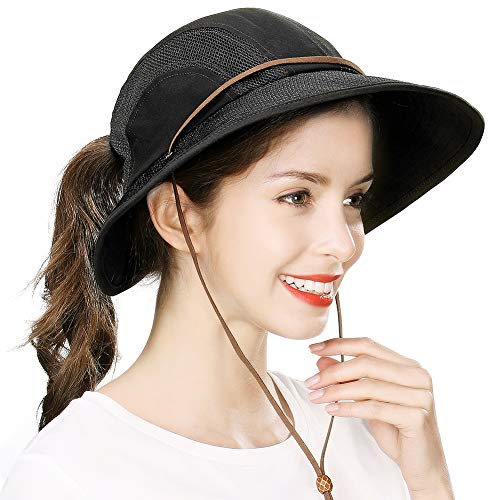 Ponytail Fishing Bucket Sun Hat for Women UV Protection Packable Foldable Wide Brim SPF Hunting Ladies Safari Black M