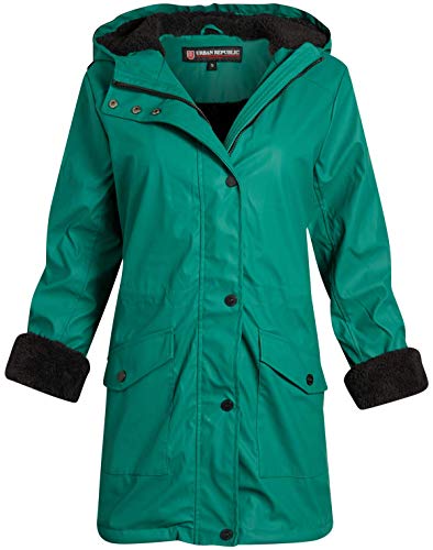 URBAN REPUBLIC Ladies Hooded Vinyl Rain Jacket with Fur Lining (plus size available)