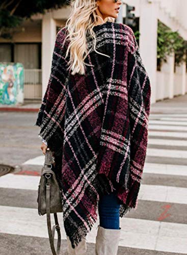 VIMPUNEC Women Boho Buffalo Plaid Poncho Pashmina Shawl Wrap Cape Sweater Knitting Cardigan with Tassel - Image 3