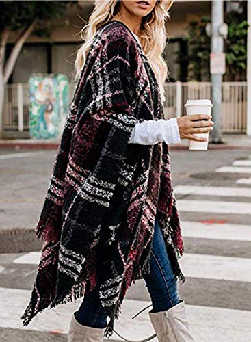 VIMPUNEC Women Boho Buffalo Plaid Poncho Pashmina Shawl Wrap Cape Sweater Knitting Cardigan with Tassel - Image 4