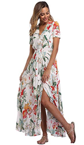 VintageClothing Women's Floral Print Maxi Dresses Boho Button Up Split Beach Party Dress - Image 3