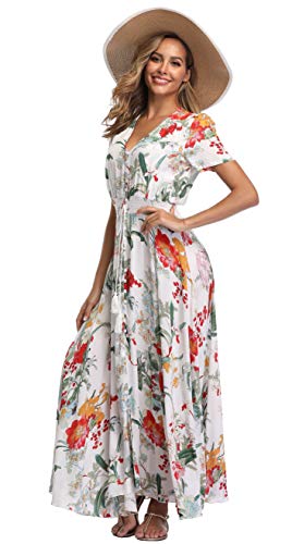 VintageClothing Women's Floral Print Maxi Dresses Boho Button Up Split Beach Party Dress - Image 4
