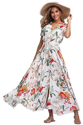 VintageClothing Women's Floral Print Maxi Dresses Boho Button Up Split Beach Party Dress