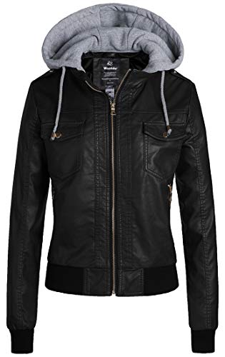 Wantdo Women's Lightweight Leather Jacket Casual Motorcycle PU Biker Coat with Removable Hood