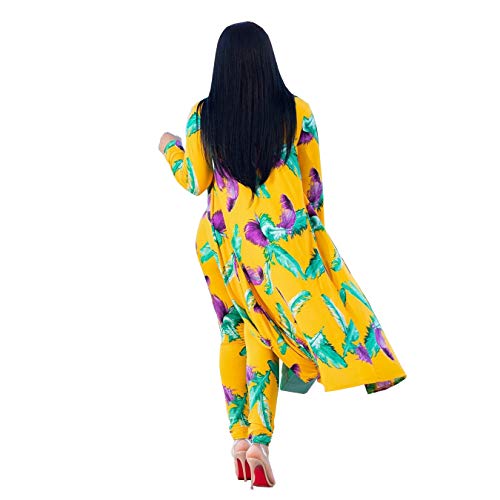 Women 2 Piece Club Outfits Long Sleeve Floral Open Front Cardigan and Pants Set Yellow - Image 3