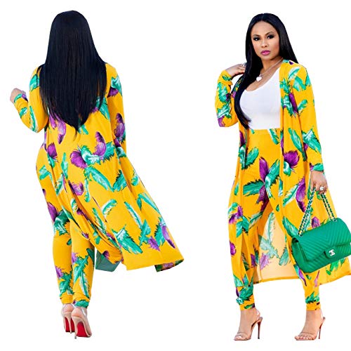 Women 2 Piece Club Outfits Long Sleeve Floral Open Front Cardigan and Pants Set Yellow - Image 4