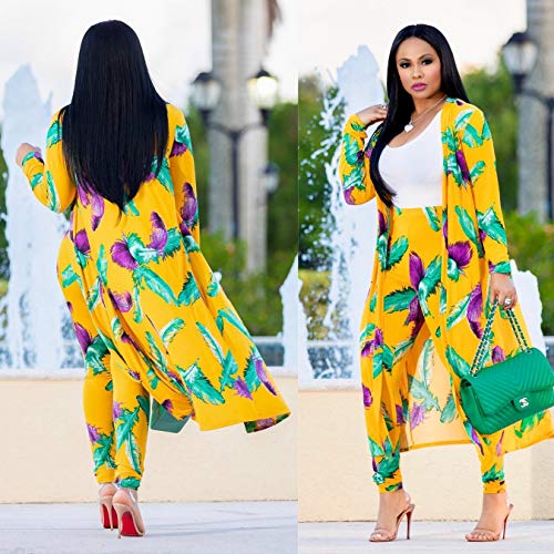 Women 2 Piece Club Outfits Long Sleeve Floral Open Front Cardigan and Pants Set Yellow - Image 5