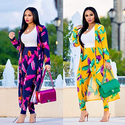 Women 2 Piece Club Outfits Long Sleeve Floral Open Front Cardigan and Pants Set Yellow - Image 6