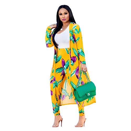 Women 2 Piece Club Outfits Long Sleeve Floral Open Front Cardigan and Pants Set Yellow