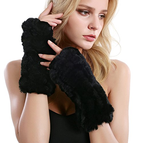 Women Fur Gloves - Real Rabbit Fur Mittens Winter Knit Warm Fingerless Hand Warmer - Image 4