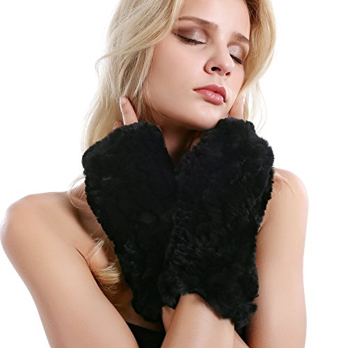 Women Fur Gloves - Real Rabbit Fur Mittens Winter Knit Warm Fingerless Hand Warmer - Image 5