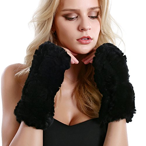 Women Fur Gloves - Real Rabbit Fur Mittens Winter Knit Warm Fingerless Hand Warmer
