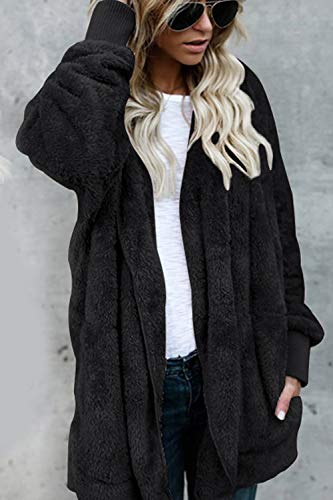 Fasumava Womens Fuzzy Fleece Jacket Solid Open Front Hooded Cardigan Coats Outwear with Pockets - Image 3