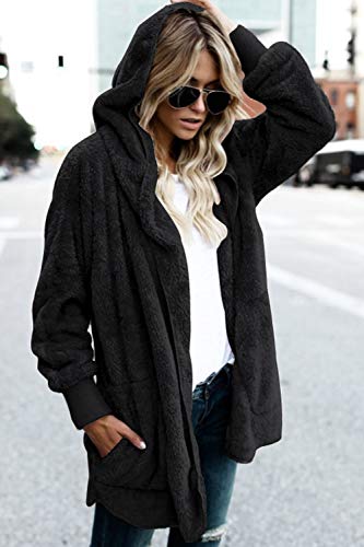 Fasumava Womens Fuzzy Fleece Jacket Solid Open Front Hooded Cardigan Coats Outwear with Pockets - Image 4