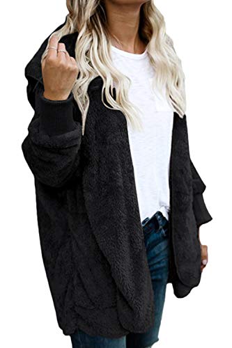 Fasumava Womens Fuzzy Fleece Jacket Solid Open Front Hooded Cardigan Coats Outwear with Pockets