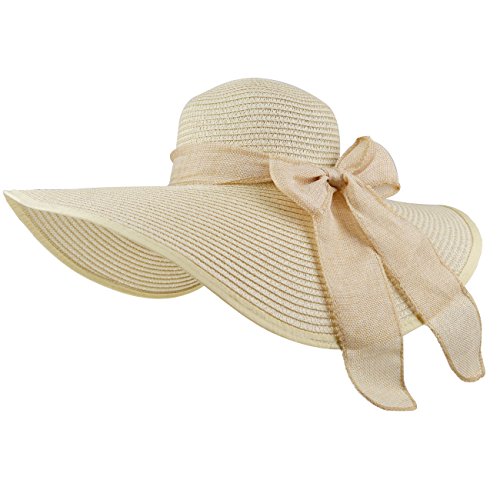Womens Big Bowknot Straw Hat Floppy Foldable Roll up Beach Cap Sun Hat UPF 50+ - Image 5