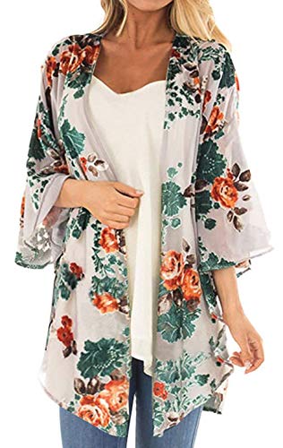 Women's Floral Print Puff Sleeve Kimono Cardigan Loose Cover Up Casual Blouse Tops