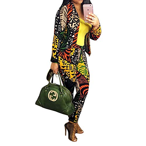 Women's Long Sleeve Digital Print 2 Pieces Blazer and Pants Suit Set