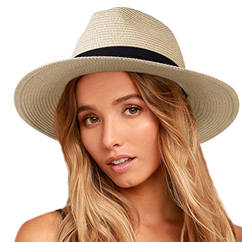 Womens Mens Wide Brim Straw Panama Hat Fedora Summer Beach Sun Hat UPF Straw Hat for Women - Image 3