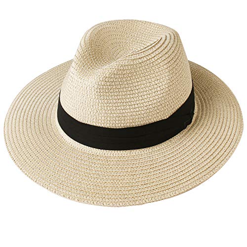 Womens Mens Wide Brim Straw Panama Hat Fedora Summer Beach Sun Hat UPF Straw Hat for Women