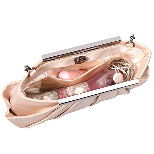 Womens Pleated Satin Evening Handbag Clutch Navy Clutch Purse With Detachable Chain Strap Wedding Cocktail Party Bag - Image 5