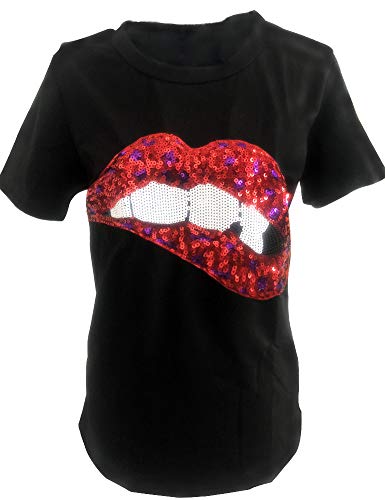 Women's Sequined Sparkely Glittery Lip Print T Shirt Cute Embroidery Teen Girls Tops - Image 3