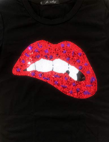 Womens Sequined Sparkely Glittery Lip Print T Shirt Cute Embroidery Teen Girls Tops