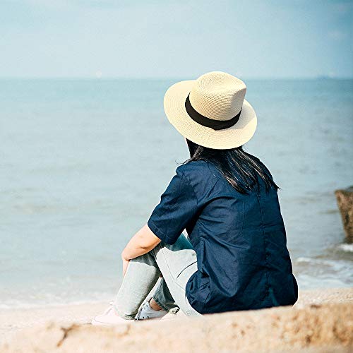 Womens Straw Hat Fedora Beach Sun Hat Fine Braid UPF50+ Wide Brim Straw Panama Roll up Hat Beige - Image 5