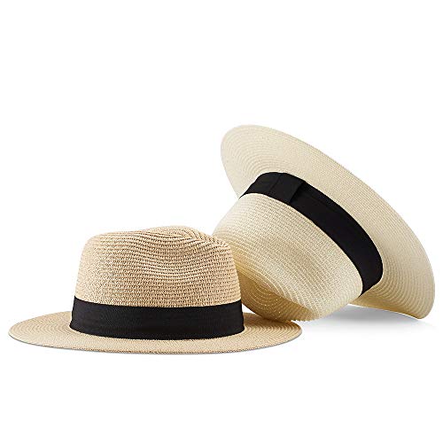 Womens Straw Hat Fedora Beach Sun Hat Fine Braid UPF50+ Wide Brim Straw Panama Roll up Hat Beige - Image 6