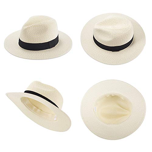 Womens Straw Hat Fedora Beach Sun Hat Fine Braid UPF50+ Wide Brim Straw Panama Roll up Hat Beige - Image 7