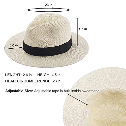 Womens Straw Hat Fedora Beach Sun Hat Fine Braid UPF50+ Wide Brim Straw Panama Roll up Hat Beige - Image 8