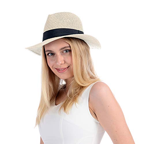 Womens Straw Hat Fedora Beach Sun Hat Fine Braid UPF50+ Wide Brim Straw Panama Roll up Hat Beige