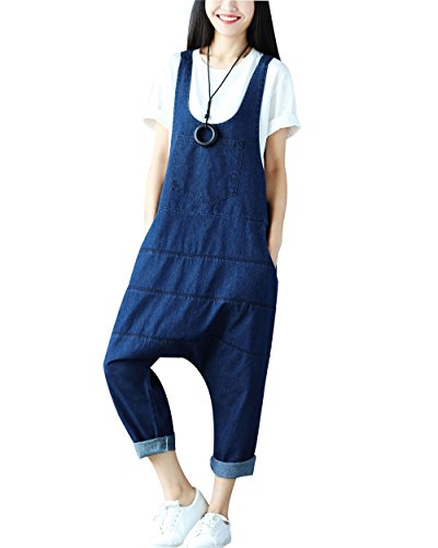 Yeokou Women's Loose Baggy Denim Wide Leg Drop Crotch Jumpsuit Rompers Overalls
