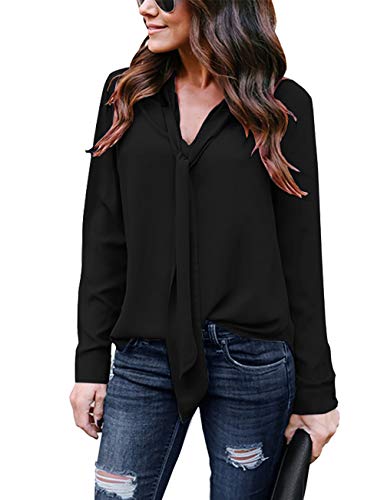 Yidarton Women's Cuffed Long Sleeve Casual V Neck Chiffon Blouses Tops with Tie - Image 4