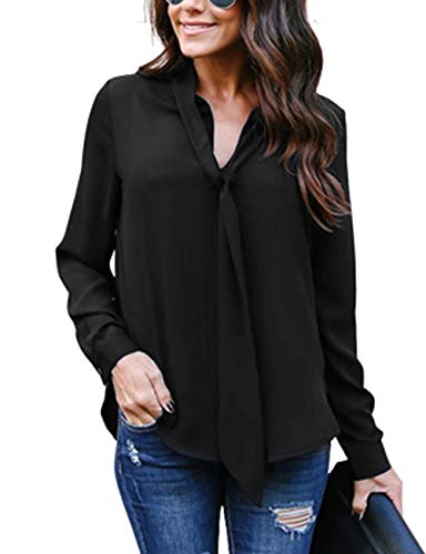 Yidarton Women's Cuffed Long Sleeve Casual V Neck Chiffon Blouses Tops with Tie